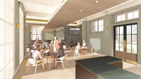 Manchester City Council artist's impression of people sitting around tables at a future cafe- with glass panelled doors looking out on to greenery