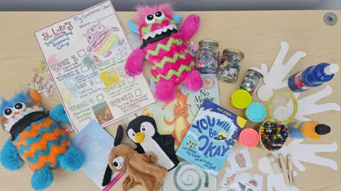 Soft toys, crayons and paper items for young children to use in the sessions