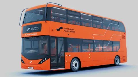 Image of the new buses which will operate across South Yorkshire. The bus is electric, double-decker and bright orange. A design on the right hand side says South Yorkshire People's Network.