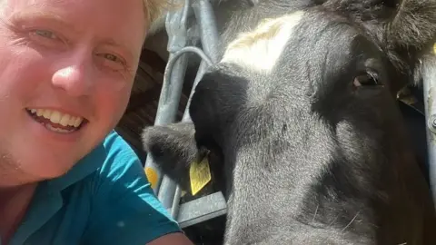 A blonde man with a blue T-shirt. Hr is taking a selfie with a black and white cow with a yellow ear tag