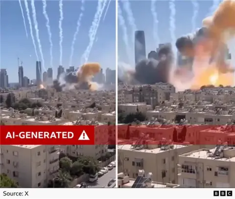 Two screenshots from the AI-generated video with a red "AI-generated" label