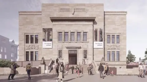 Kirklees Council An artist's impression shows the front of the imposing stone block building set to house Huddersfield's new museum and art gallery. There is a sign above the entrance reading 'Huddersfield Museum and Art Gallery'.