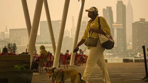 Getty Images Orange haze in the New York city sky as a woman walks her dog
