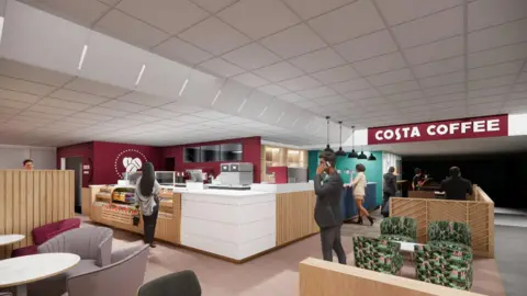 Isle of Man Airport A CGI mock up showing a Costa Coffee bar with seating in the foreground