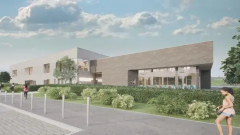 Willmott Dixon A CGI image of Leighton Leisure and Community Centre under a blue sky