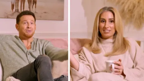 Split screen image: A man, Joe, on the left wearing a green cardigan and a woman, Stacey, on the right in pink.