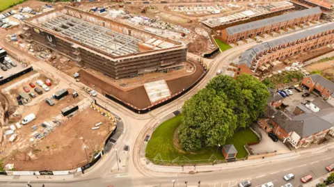 WAVENSMERE HOMES Aerial view of partially-finished mixed use development in Derby city centre