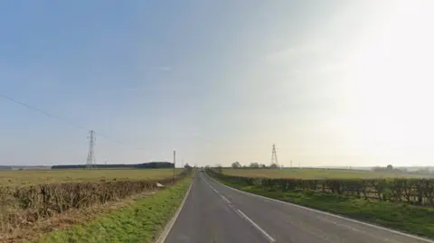 A country road. Green fields are on each side of the road. Pylons can be seen in the distance. The sky is blue.