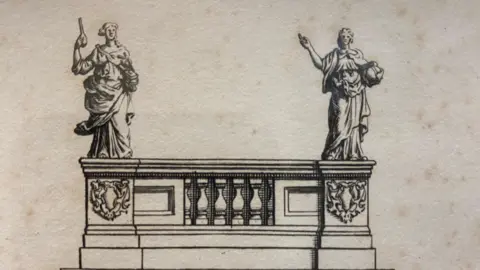 Trinity College A sketch of two female statues on top of a tower