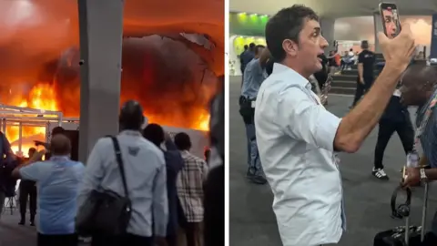 Composite image showing a massive fire on the left with people looking on; on the right is BBC Climate Editor Justin Rowlatt holding up his phone taking a video of himself