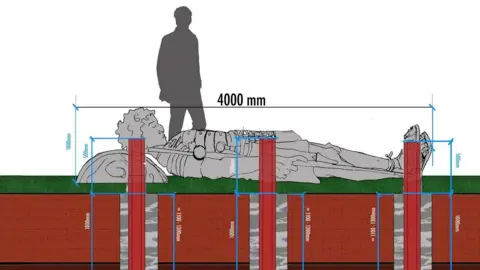 Stevenage Borough Council A technical coloured drawing of the sleeping Roman statue. The figure is lying flat on its back with arms resting along the body.