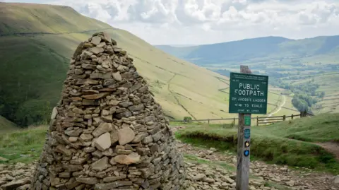 A sign indicating a public footpath in the Peak District