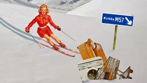 A graphic design of a woman in a red 1950s style dress with a red hat, white belt, naked legs and red skis and boots skiing down a hill next to a blue motorway sign for Kirkby M57. At the bottom of the slope is a pile of rubbish, including a white washing machine, tan leather sofa and upturned supermarket trolley