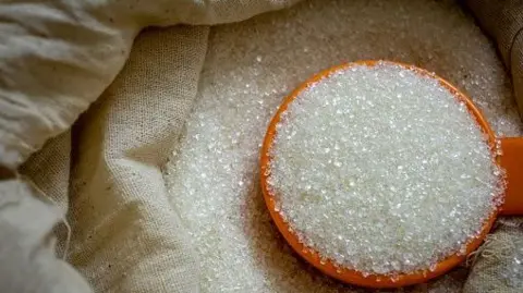 Granulated white cane sugar in a sack with a scoop - stock photo
