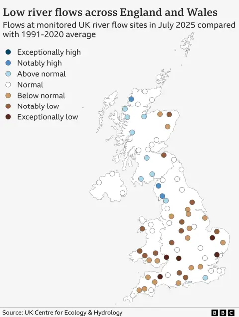 Map of the UK with coloured dots on, which denote measurements of river flows. Measurements are classed as above notably high (blue) or normal (light blue), normal (white), below normal (light brown) or notably or exceptionally low (darker browns). Most river flows in England and Wales are below normal or lower, while flows in Scotland are mainly normal or higher. The three sites in Northern Ireland are all classed as normal.
