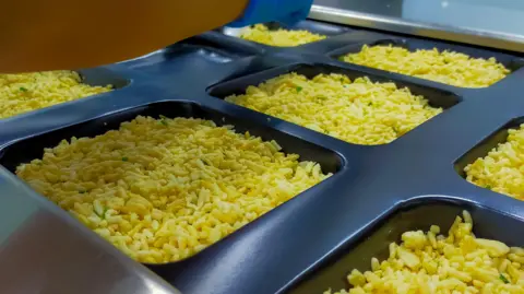 Getty Images Frozen fried rice with egg in plastic tray waiting for top seal label