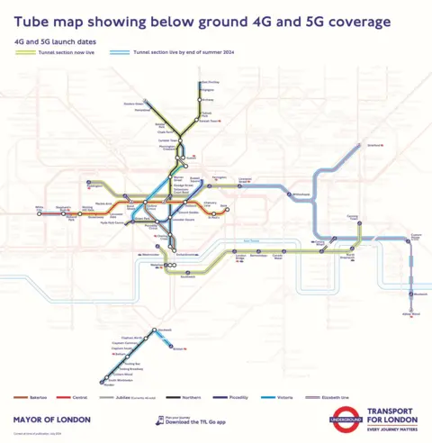 TfL Tube map showing below ground 4G and 5G coverage