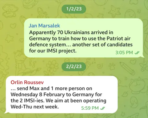 Telegram message exchange between Jan Marsalek and Orlin Roussev dated 1 and 2 February 2023. JM writes: "Apparently 70 Ukrainians arrived in Germany to train how to use the Patriot air defence system... another set of candidates for your IMSI project". OR responds that he will "send Max and 1 more person on Wednesday 8 February to Germany for the 2 IMSI-ies. We aim at been operating [sic] Wed-Thu next week".