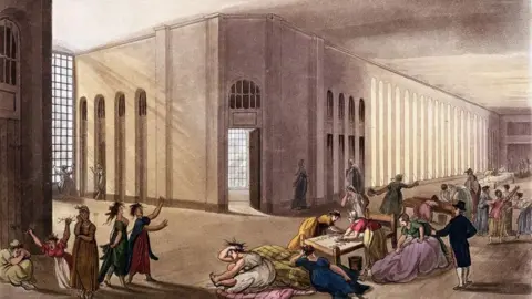 Getty Images A vintage illustration of a 'humane' asylum, showing a wide corridor but with some women undertaking crafts but others clearly distressed