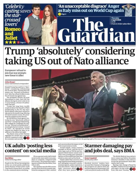 The headline on the front page of the Guardian reads: "Trump 'absolutely' considering taking US out of Nato alliance."