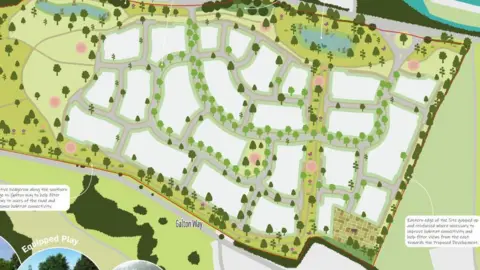 Ainscough Strategic Land An annotated computer generated plan showing a new street lay out, surrounded by fields. Trees are included in the plans, which show a site just off Galton Way.