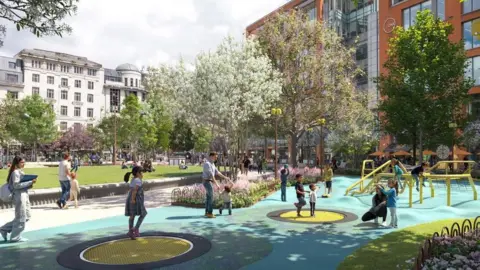 Local Government Reporting Service CGI of families and children in the new children's paly area ate the reimagined Piccadilly Gardens.
