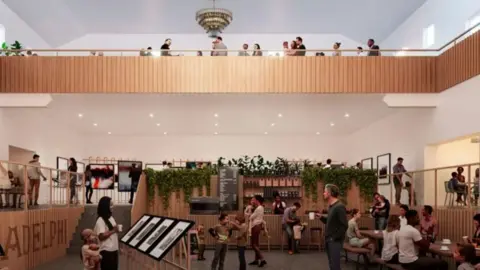 Sheffield City Council A rendered image of how the Adelphi's interior would look. Adults and children are seen on three levels which feature light coloured wood panelling and art hanging on the walls