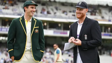 Australia captain Pat Cummins and England skipper Ben Stokes share a joke before the toss at Lord's during the 2023 Ashes 