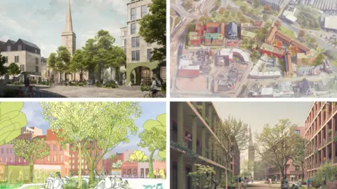 Capital & Centric Four artist's impressions of how the land could look, with multi-storey buildings and trees