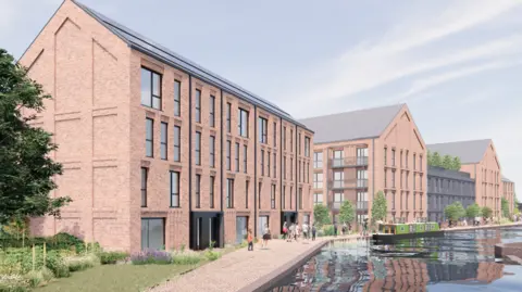 Wavensmere Homes A computer-generated image of three and four-storey blocks of flats along a canal. People are walking along a brick towpath by the water, and a green canal boat   