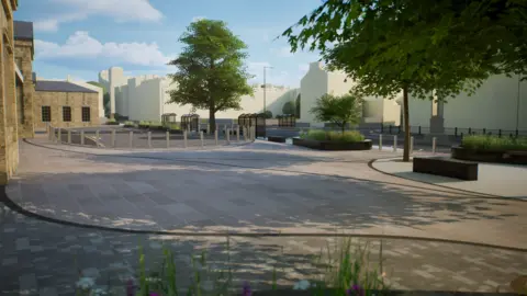 North Yorkshire Council A digital rendering of a paved outdoor space. The space features several trees planted in circular raised beds, metal bollards guiding pedestrian routes, and covered bicycle shelters. Minimalist buildings form the backdrop.