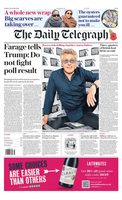 The headline on the front page of the Daily Telegraph reads: “Farage tells Trump: Do not fight poll result" 