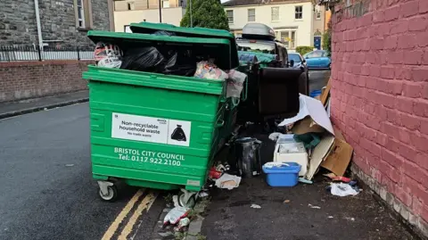 Pavlos Kyriacou A green bin overflows, its lid forced open by rubbish. Next to the bin are some large black bags, with larger items of waste and cardboard boxes. 
