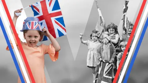 An image of children celebrating VE Day. On the left, there's a child in colour and on the right the children are black and white. The background is a large "V" in grey with blue, white and red stripes. 