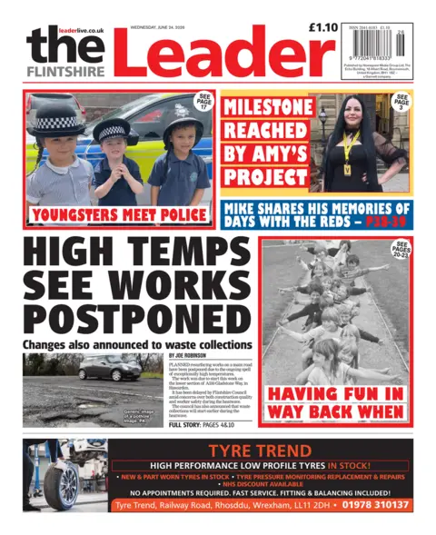 Flintshire Evening Leader Front page of the Flintshire Evening Leader. The main headline reads: High temperatures see works postponed. 