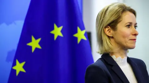 EU High Representative for Foreign Affairs and Security Policy Kaja Kallas pictured in front of a EU flag