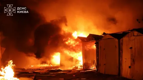 Garages ablaze in Ukraine.