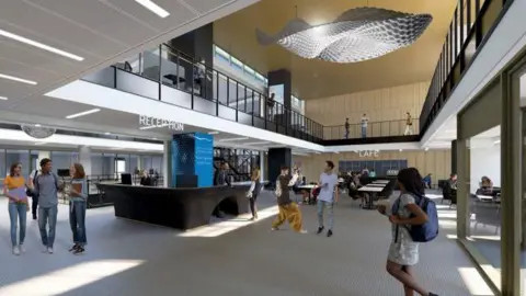 Plymouth City Council A CGI showing the planned vision of the ground floor of the Civic Centre with a reception desk and young people moving through the space