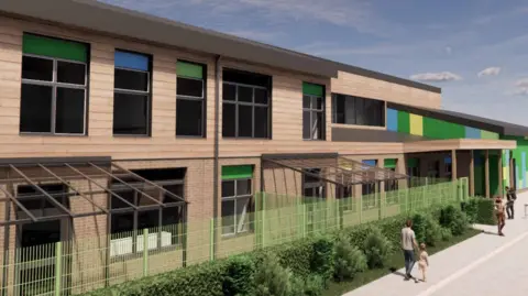 Wiltshire Council A computer generated image of a school building with fencing and pedestrians walking parallel.