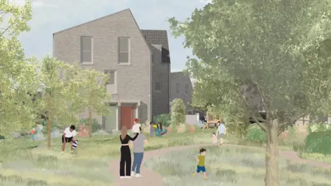 An artist's impression showing several residential buildings set among grass and trees with several figures including children running around outside.