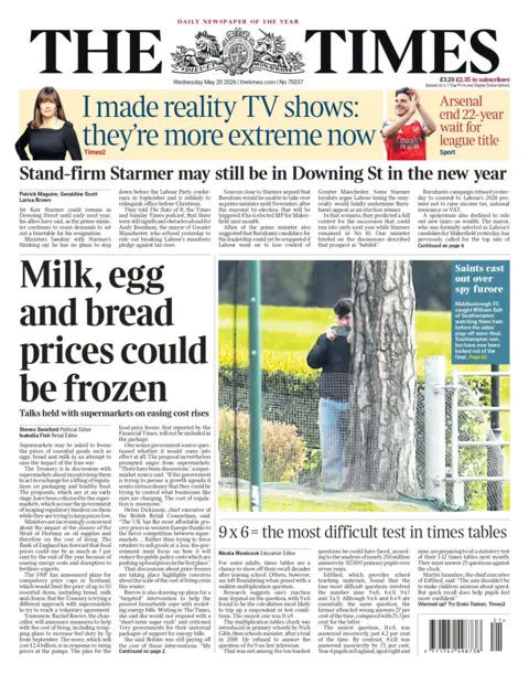 "Milk, egg and bread prices could be frozen" reads the headline on the front page of the Times.