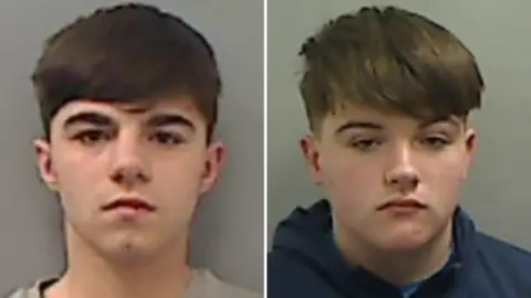 Cleveland Police Mugshots of Narey and Woodley. Narey is clean shaven with thick dark hair swept across his forehead. Woodley is also clean shaven with slightly lighter brown hair swept across his forehead.