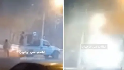 Iran International A composite image shows two screen grabs from a video published by the Iran International television network, of a machine gun mounted in the back of a white pickup truck at the 9 January protests in the city of Yazdanshahr, Isfahan province, (left) and the massive muzzle fire when it is fired.