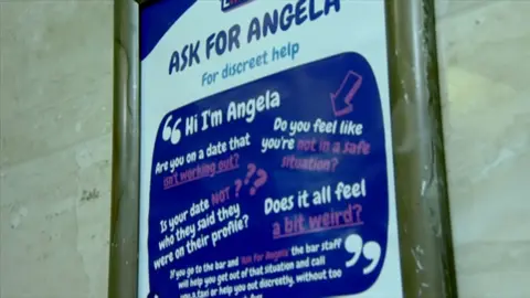 Ask for Angela poster encouraging anyone who feels threatened or scared on a night out to approach the bar and use the code word 'Is Angela there?'