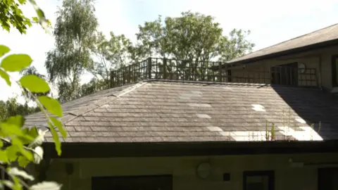 A building with a roof and trees surrounding it