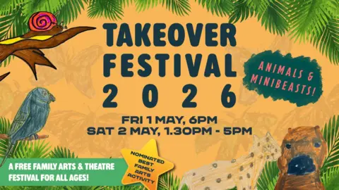 Junction Goole A bright, jungle-themed poster advertises Takeover Festival 2026, a free family arts and theatre event celebrating “Animals & Minibeasts.” It features playful illustrated creatures, tropical leaves, and bold text saying "TAKEOVER FESTIVAL 2026 FRI 1 MAY, 6PM, SAT 2 MAY, 1.30PM-5PM"