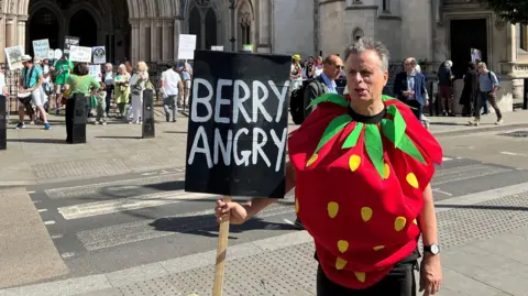 PA Media A demonstrator dressed in an oversized red strawberry costume stands on a city pavement, holding a black placard that reads "berry angry" in white hand-painted letters. In the background, a group of protesters holding various environmental signs gathers outside a historic stone building.
