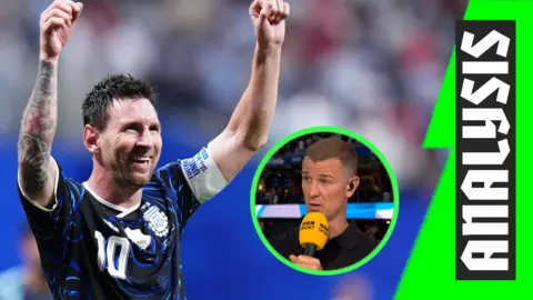 Lionel Messi celebrating Argentina's win against England in the World Cup semi-finals