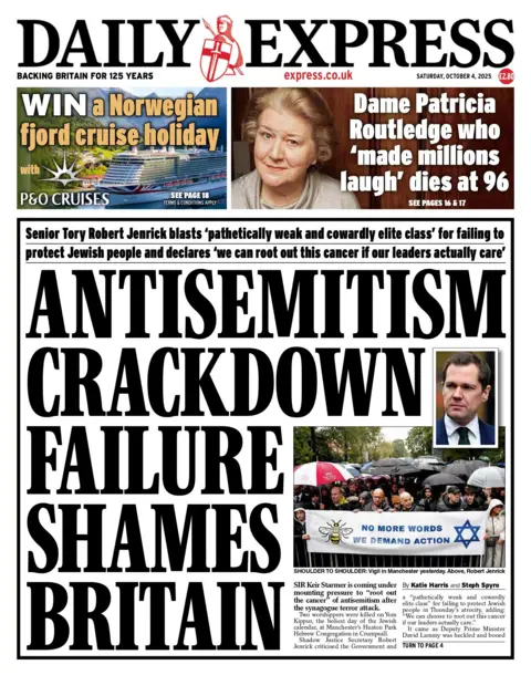 "Antisemitism crackdown shames Britain" reads the headline on the front page of the Daily Express.