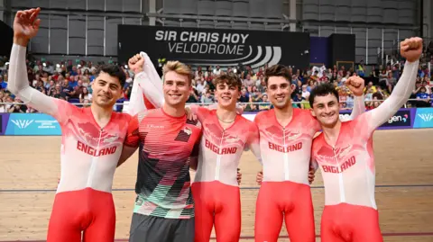 Charlie Tanfield, Josh Charlton, Henry Hobbs, Ethan Vernon and Will Tidball celebrate gold medal